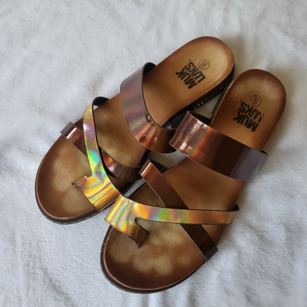 Muk Luks sandals holographic straps size 8